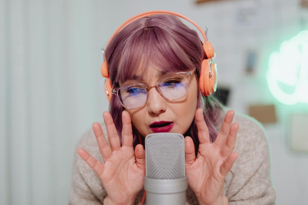 A Woman Talking on a Microphone